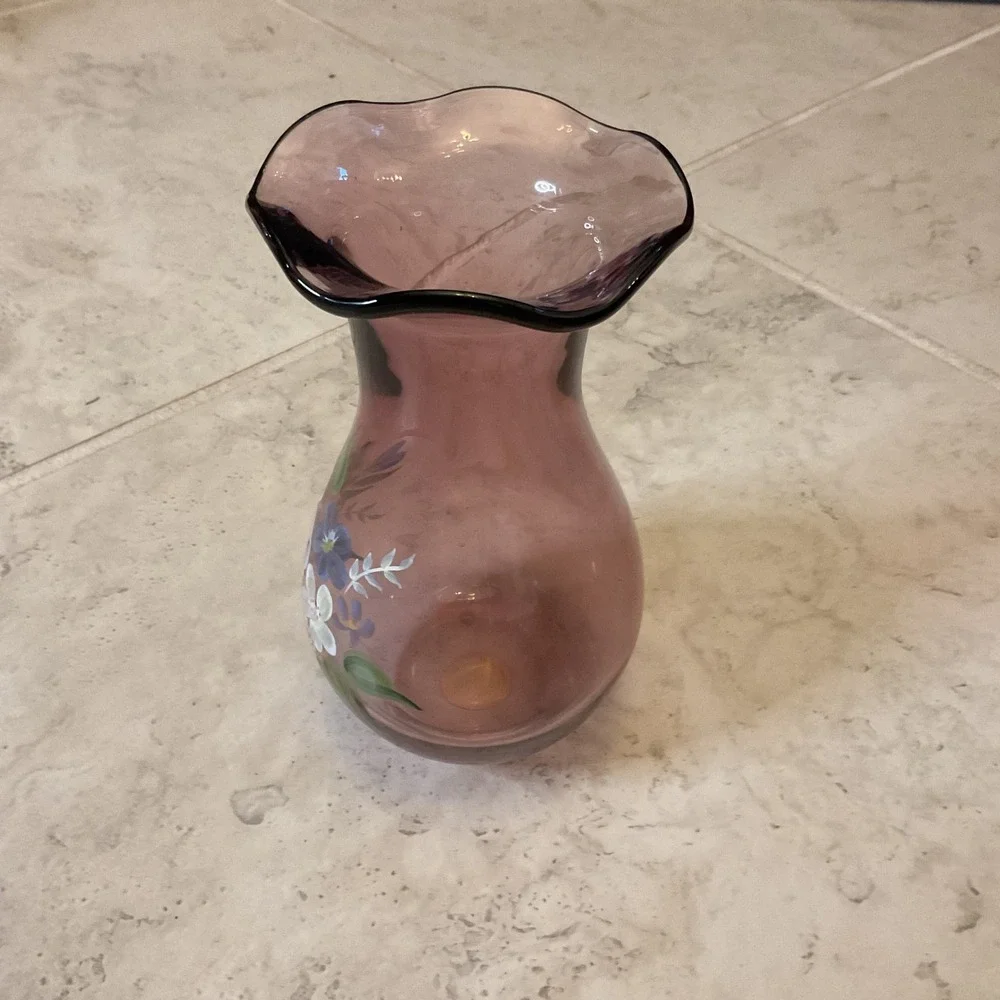 Teleflora Fenton Amethyst Purple Glass Vase Hand Painted Floral Ruffled Rim